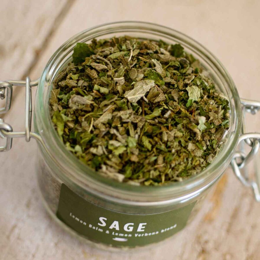 Herb Heaven Devon Sage & Lemon Herbal Tea Blend 30g Jar Open